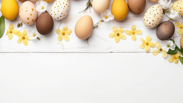 Пасхальные яйца на белом фоне с желтыми цветами