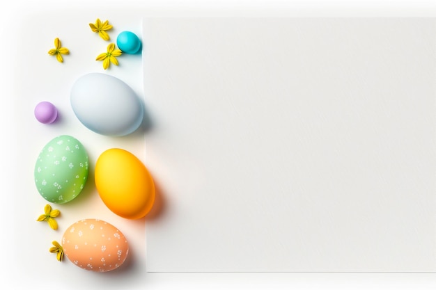 Easter eggs on a white background with yellow flowers