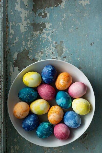 Easter eggs in white dish on light blue old concrete