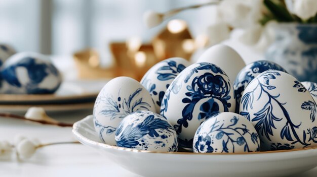 Easter eggs on white table