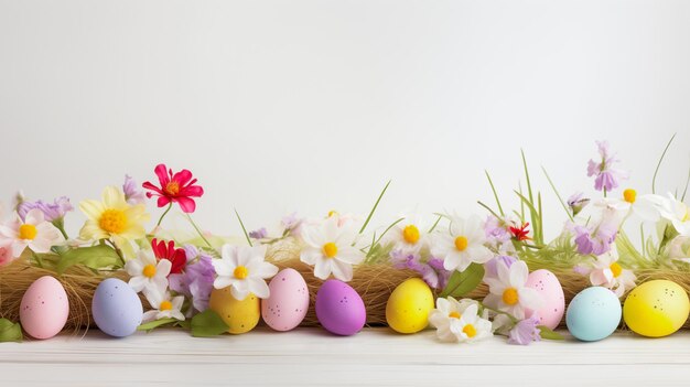 Foto uova di pasqua e sfondo bianco di legno con fiori