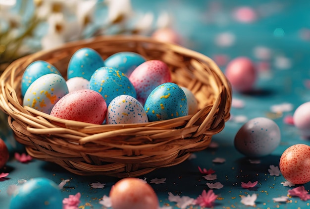 Easter eggs in wicker basket selective focus