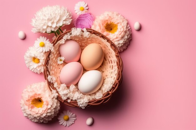 Easter eggs in a wicker basket with flowers Concept of spring festivities