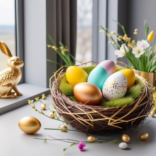 Пасхальные яйца в плетеной корзине с весенними цветами.