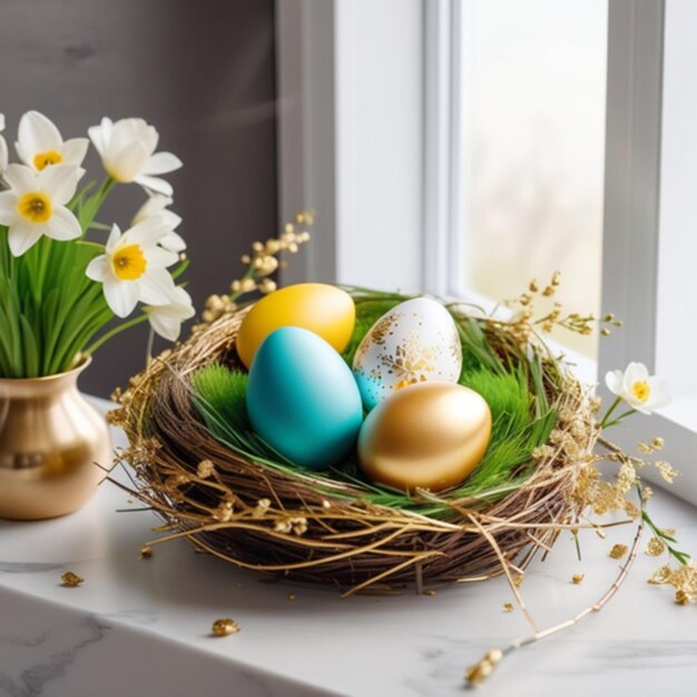 Easter eggs in a wicker basket with spring flowers