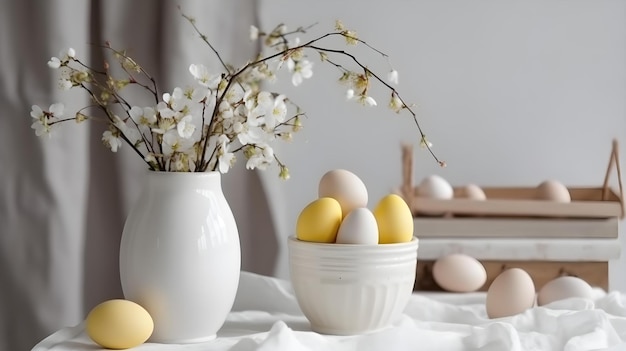 素朴な白いテーブルにイースターエッグと柳の花