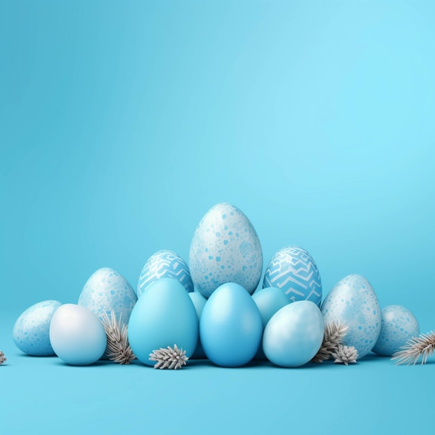 Easter eggs with blue bow on blue background 3d render