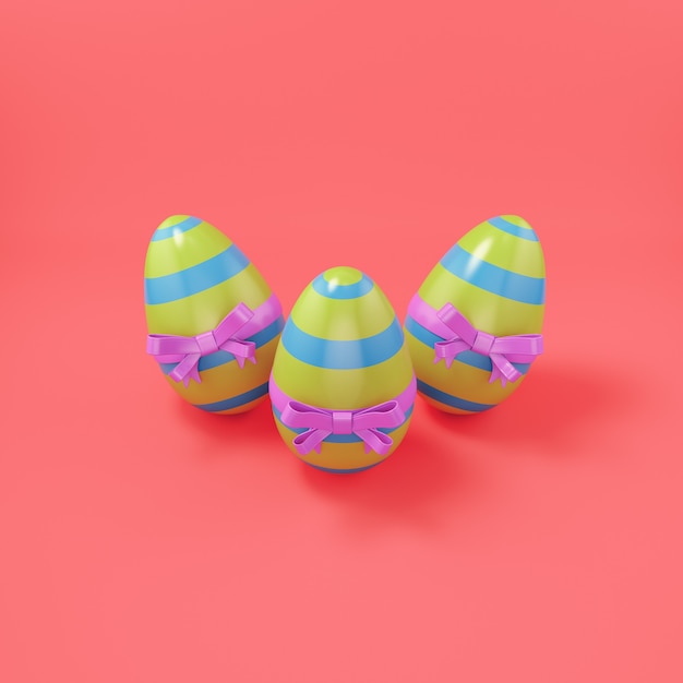 Пасхальные яйца с бантом на ярко-красном фоне. 3D визуализация