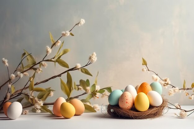 Easter eggs with branches on a white background Happy Easter Generative AI