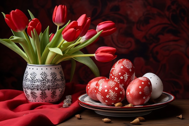 Easter eggs with bright tulips on red table