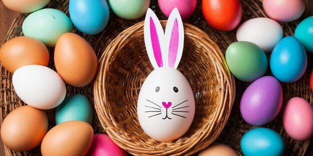 Foto uova di pasqua con orecchie di coniglio su un cesto di vimini e uno sfondo colorato