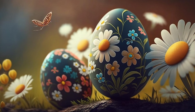 Easter eggs with a butterfly on the grass