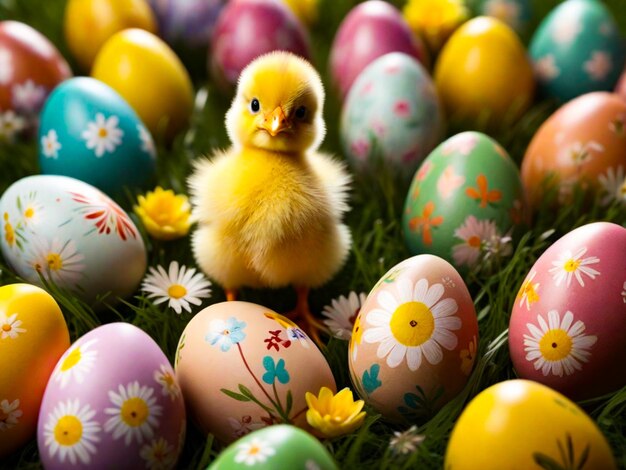 Easter eggs with chick on a flowery meadow