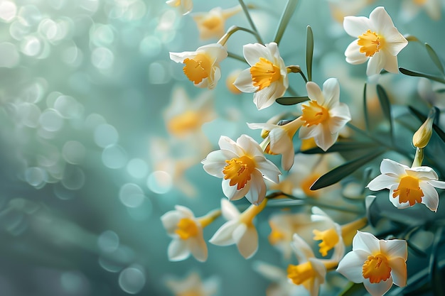 Easter eggs with daffodils and daisies on green background