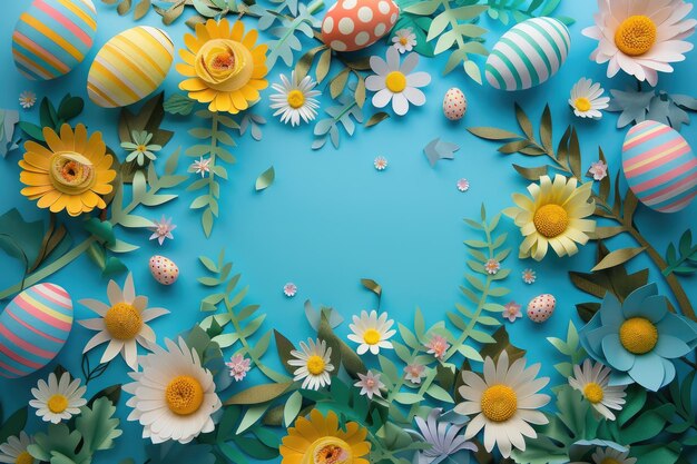 Easter eggs with daisies and sunflowers on an blue background