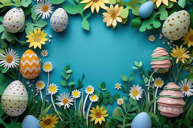 Easter eggs with daisies and sunflowers on an blue background