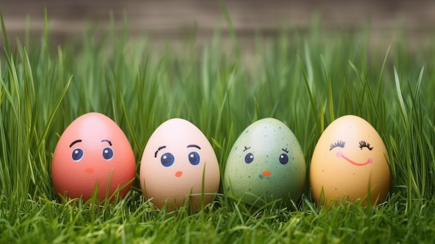 Easter eggs with different colored faces are on the grass.