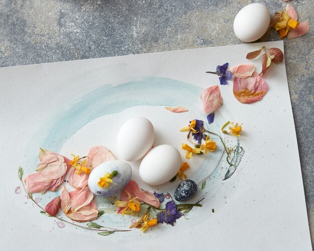 Easter eggs with dried petals on paper on a stone background