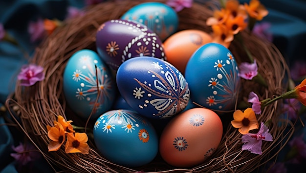 Easter eggs with floral and butterfly patterns in a nest made of twigs