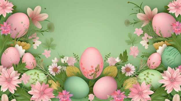 Easter eggs with floral ornament on pink and green background