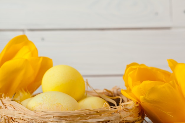 Easter Eggs with flower on Green Grass