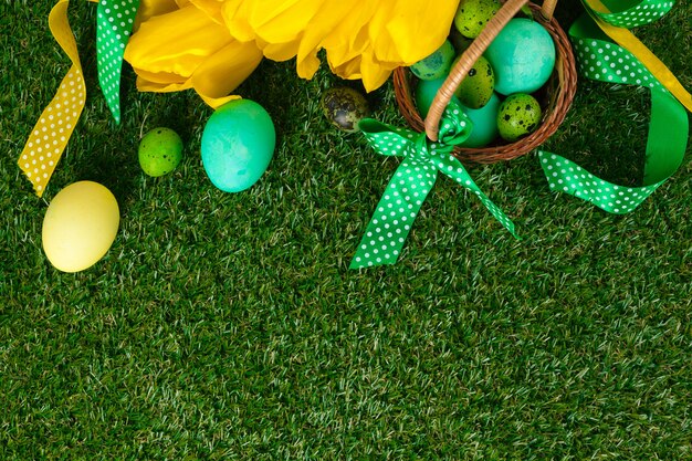 Easter Eggs with flower on Green Grass