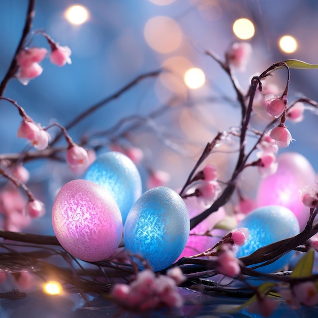 Easter eggs with flowers and bokeh lights on blue background