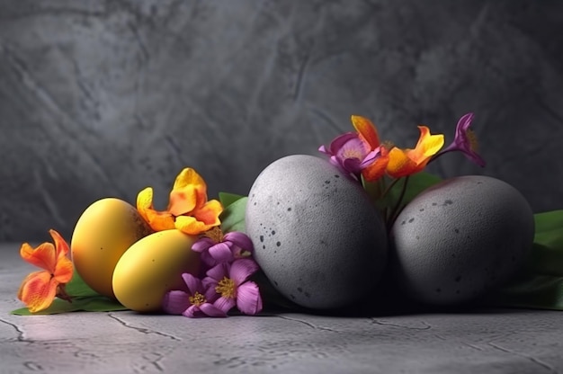 Easter eggs with flowers on a gray background