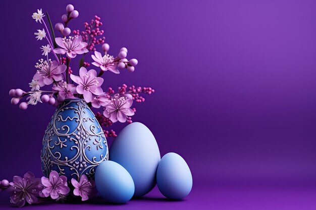 Easter eggs with flowers on purple background