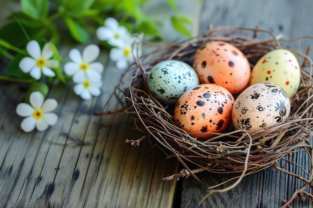 Easter eggs with flowers and willow