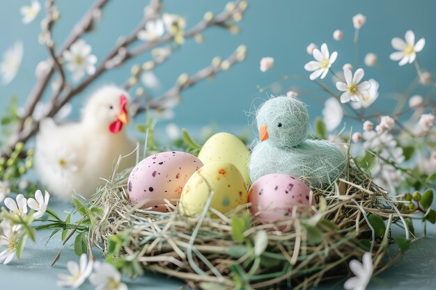 Easter eggs with flowers and willow