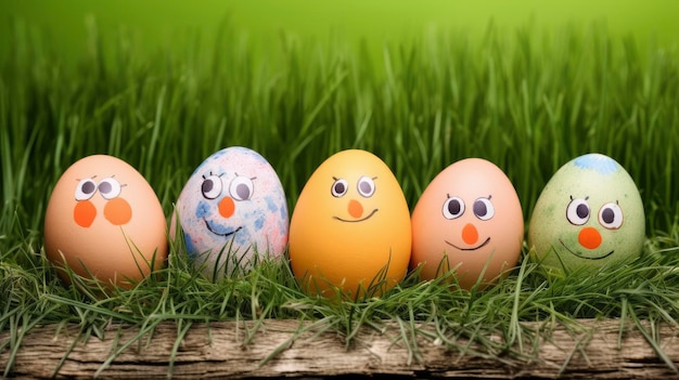 Easter eggs with funny eyes are sitting in the grass.