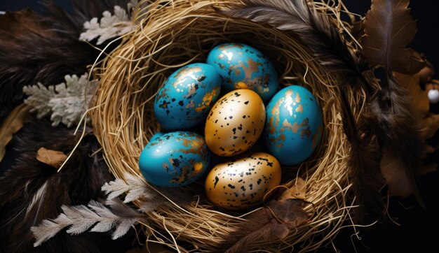 Easter eggs with gold speckles in a feather nest