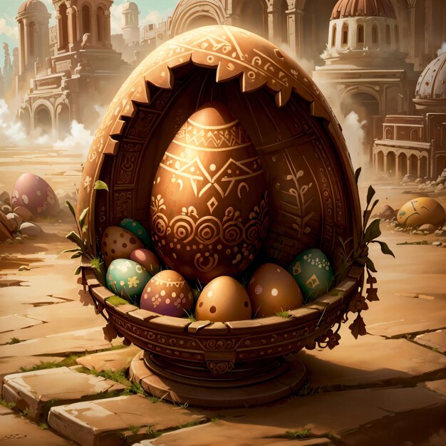 Easter eggs with greek buildings in the background