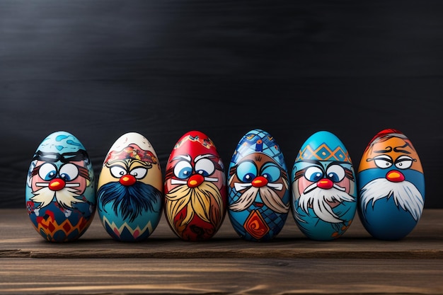 Easter eggs with painted face and copy space