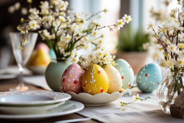 Easter eggs with painting against blooming branches