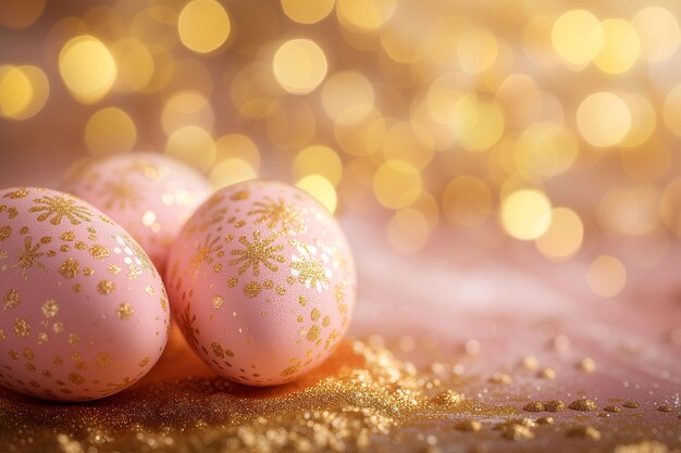 Foto uova di pasqua con disegno rosa pastello e oro su uno sfondo luminoso