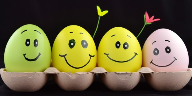 Easter eggs with smiley faces in a carton