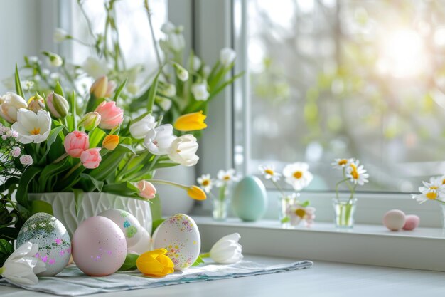 春の花のイースターエッグキッチンウィンドウの静物コピースペースの背景