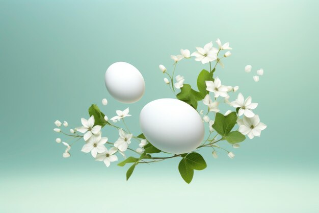 Easter eggs with spring greenery blooming flowers and clouds