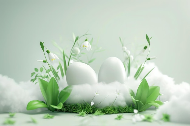 Easter eggs with spring greenery blooming flowers and clouds