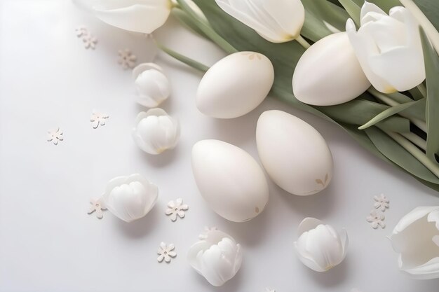 Easter eggs with spring tulips flowers on white background Easter holiday flat lay concept Traditional elegant springtime decoration Top view Copy space AI generated