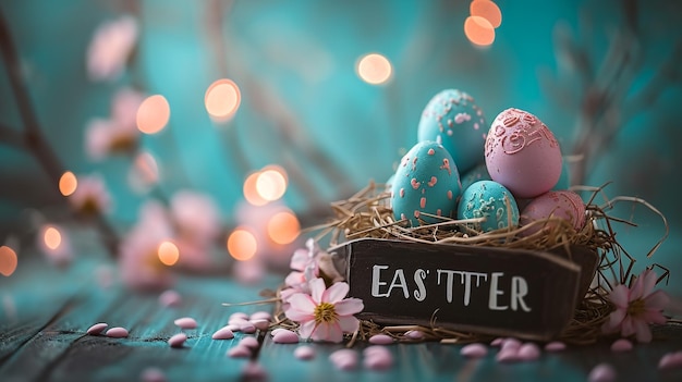 イースターエッグ - ベージュ色の花とお子で白と青の卵と可愛いネズミ