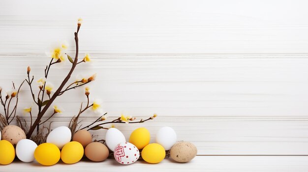 Easter eggs with sweets and flowers on beige Happy Easter concept White and blue eggs and cute nest with candy