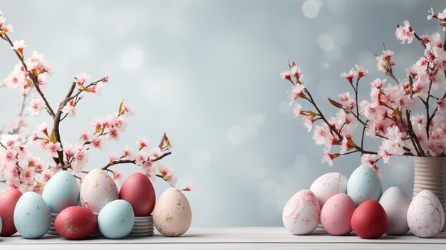 Easter eggs with sweets and flowers on beige Happy Easter concept White and blue eggs and cute nest with candy