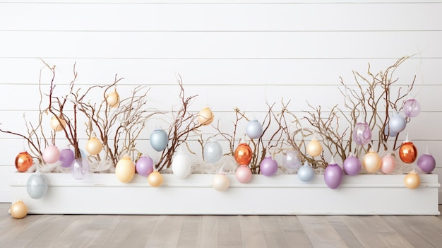 Easter eggs with sweets and flowers on beige Happy Easter concept White and blue eggs and cute nest with candy
