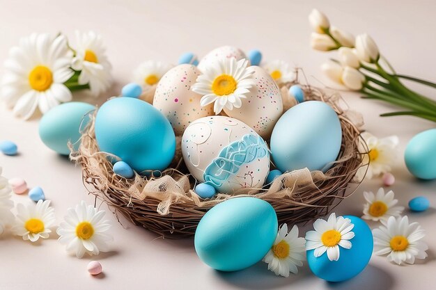Easter eggs with sweets and flowers on beige Happy Easter concept White and blue eggs and cute nest with candy
