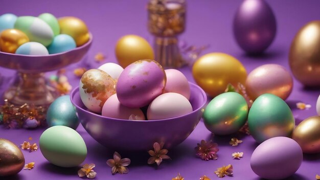 Easter eggs with sweets on purple table