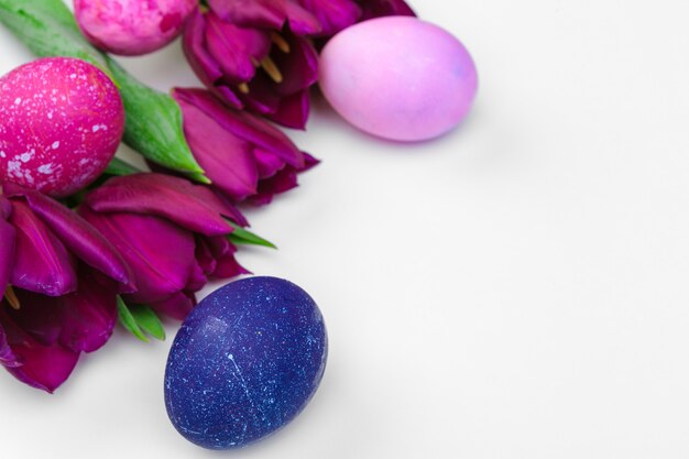 Easter eggs with tulips flowers