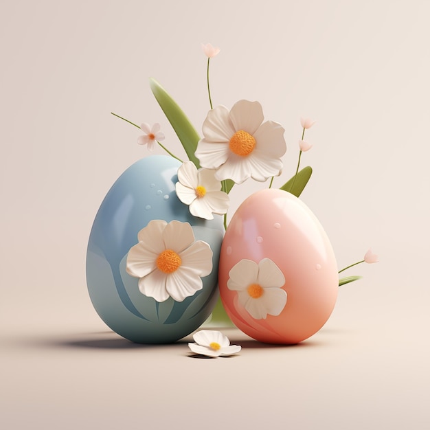 Easter eggs with white flowers background 3d Stylish spring template Greeting card or banner